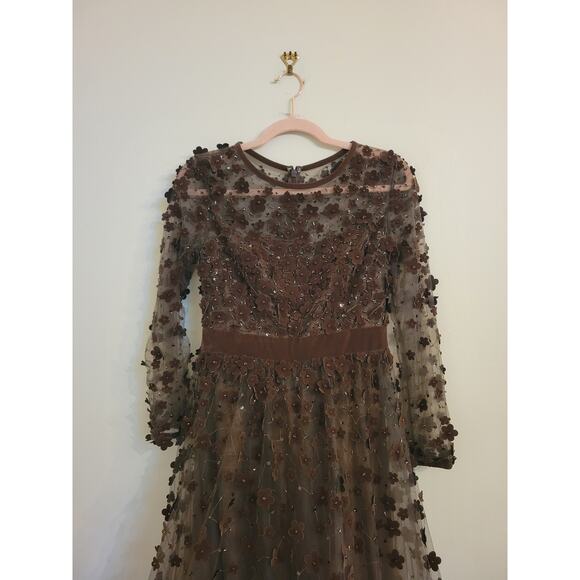 NWOT Mac Duggal Long Sleeve Fit & Flare Velvet Embellished Dress Coffee 4 - Picture 4 of 7